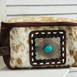 Genuine Leather and Cowhide Toiletry Bag with turquoise concho